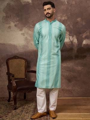 Men blue viscose rayon embroidered straight kurta 5