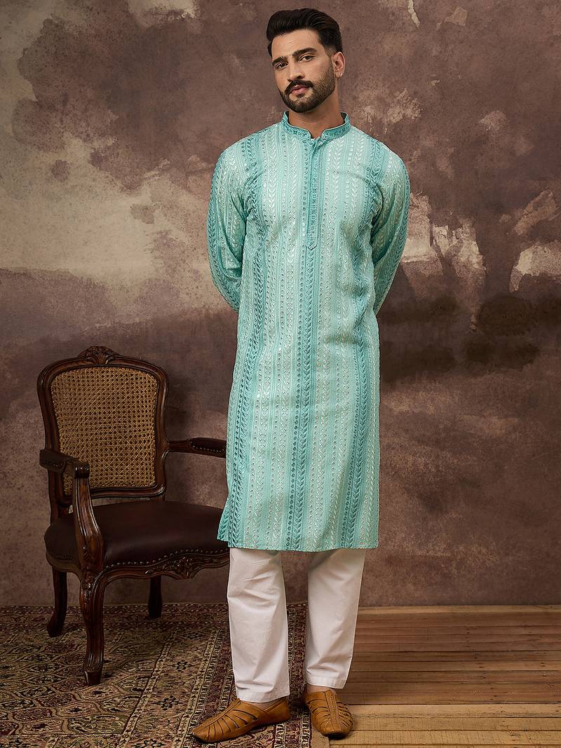 Men blue viscose rayon embroidered straight kurta