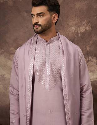 Men lavender silk blend embroidered straight kurta trouser with dupatta 1