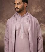 Men lavender silk blend embroidered straight kurta trouser with dupatta