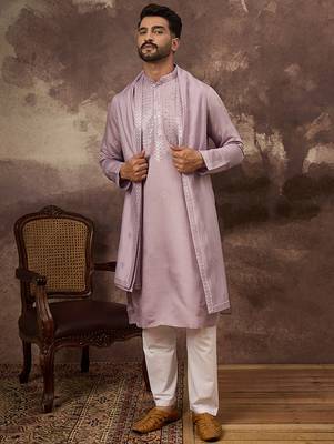 Men lavender silk blend embroidered straight kurta trouser with dupatta 2