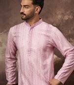 Men pink viscose rayon embroidered straight kurta
