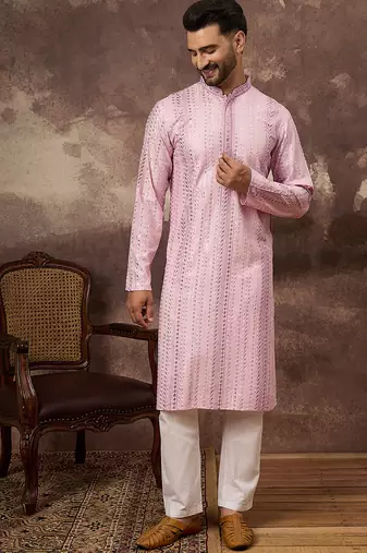 Men pink viscose rayon embroidered straight kurta