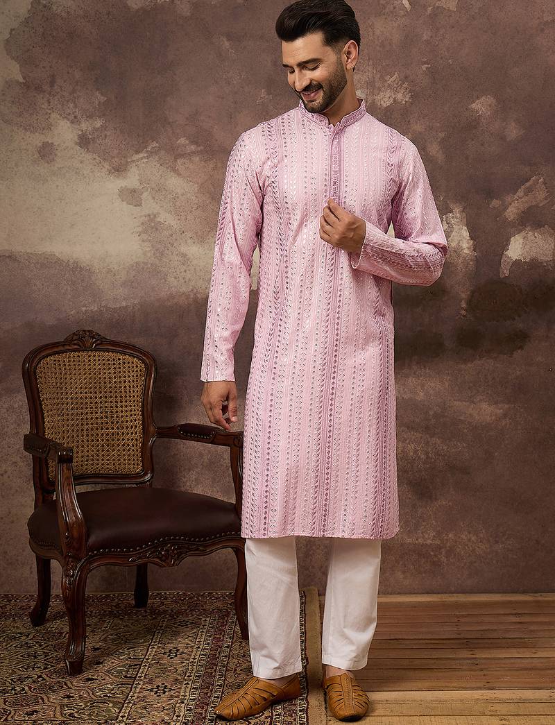 Men pink viscose rayon embroidered straight kurta