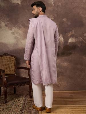Men lavender silk blend embroidered straight kurta trouser with dupatta 4