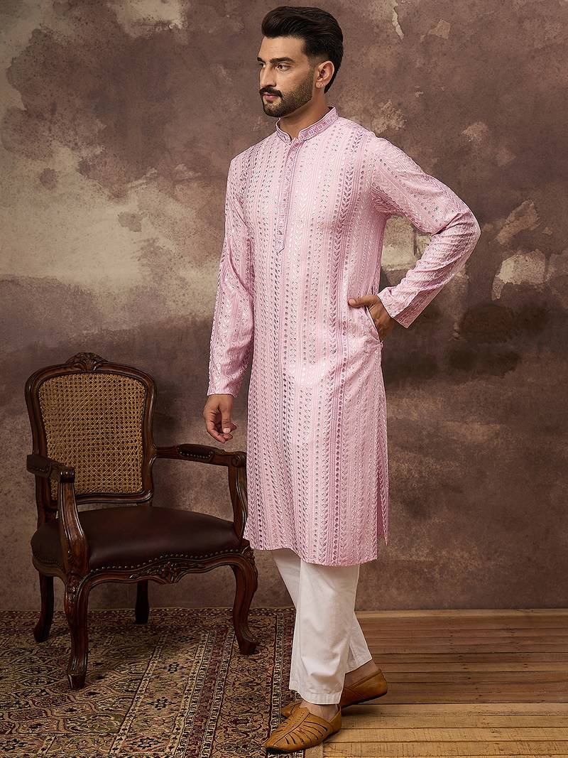 Men pink viscose rayon embroidered straight kurta