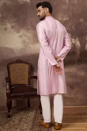 Men pink viscose rayon embroidered straight kurta