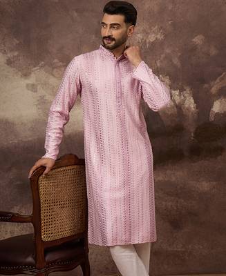 Men pink viscose rayon embroidered straight kurta 5