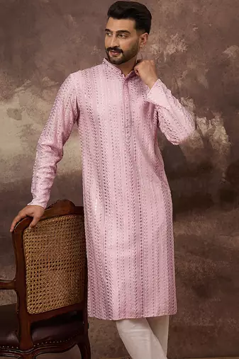 Men pink viscose rayon embroidered straight kurta