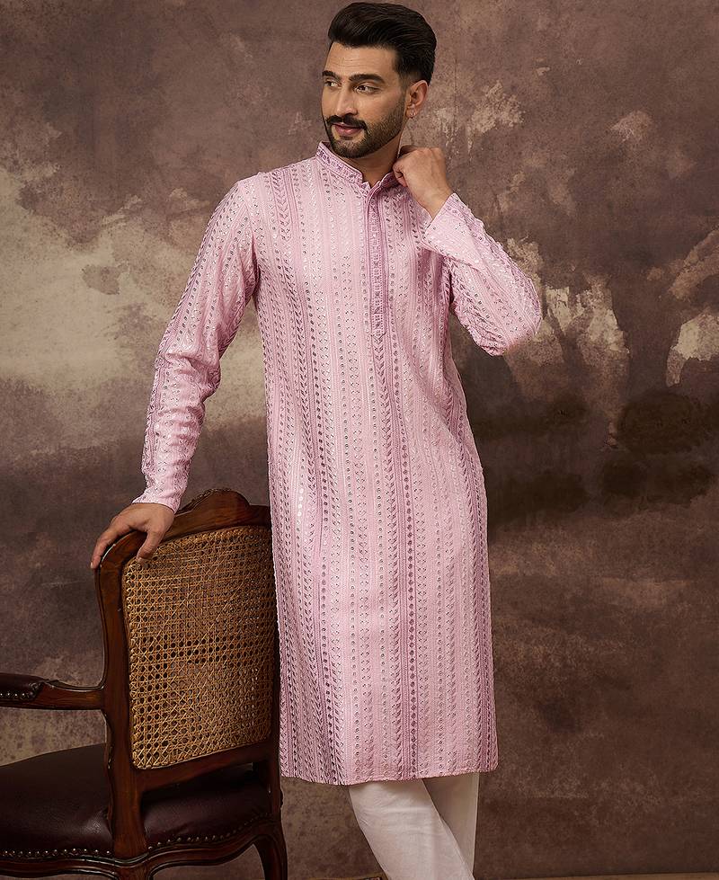 Men pink viscose rayon embroidered straight kurta