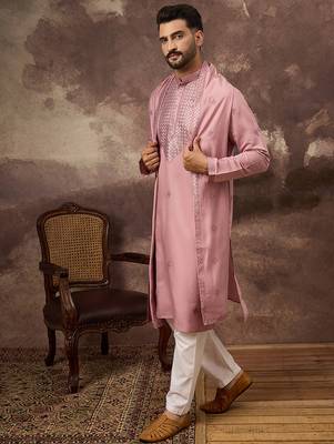 Men pink silk blend embroidered straight kurta trouser with dupatta 3