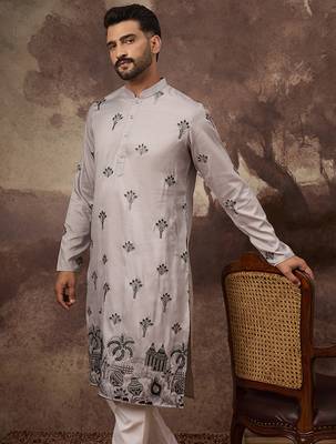 Men grey silk blend solid embroidered straight kurta 1