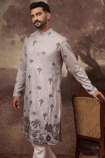 Men grey silk blend solid embroidered straight kurta