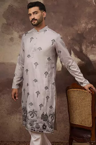 Men grey silk blend solid embroidered straight kurta