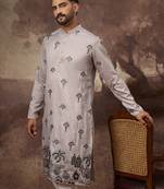 Men grey silk blend solid embroidered straight kurta