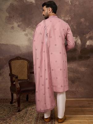 Men pink silk blend embroidered straight kurta trouser with dupatta 4