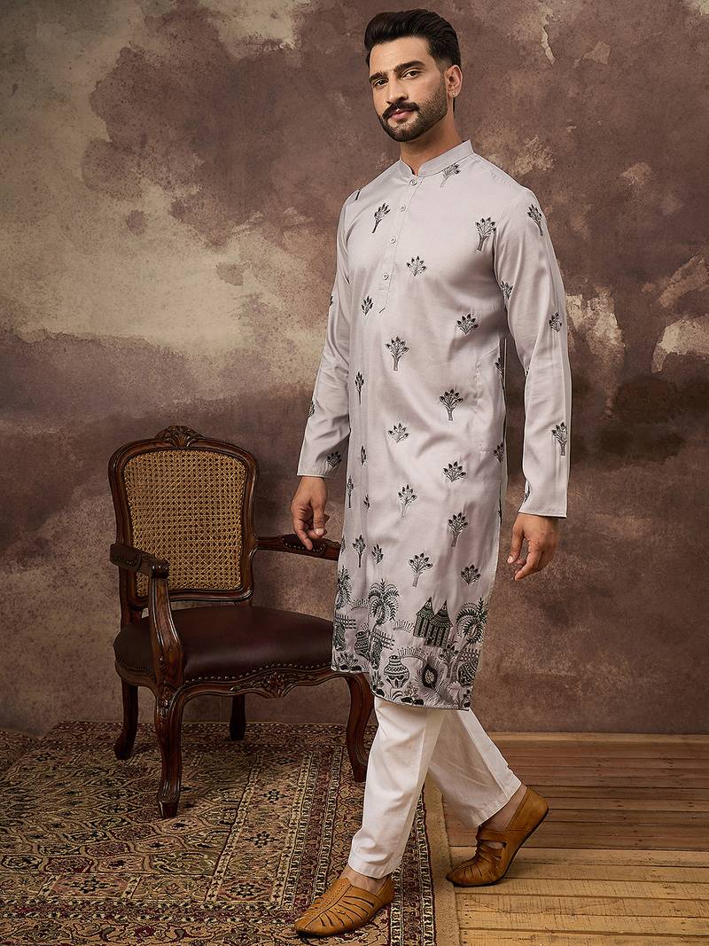 Men grey silk blend solid embroidered straight kurta