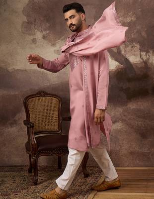 Men pink silk blend embroidered straight kurta trouser with dupatta 5