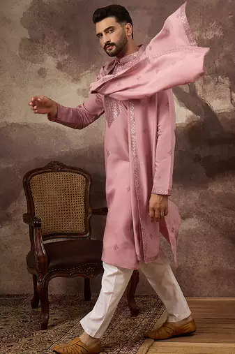 Men pink silk blend embroidered straight kurta trouser with dupatta