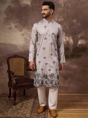 Men grey silk blend solid embroidered straight kurta 5