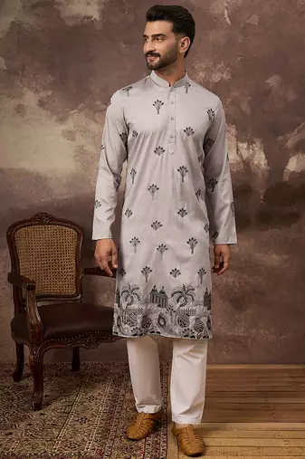 Men grey silk blend solid embroidered straight kurta