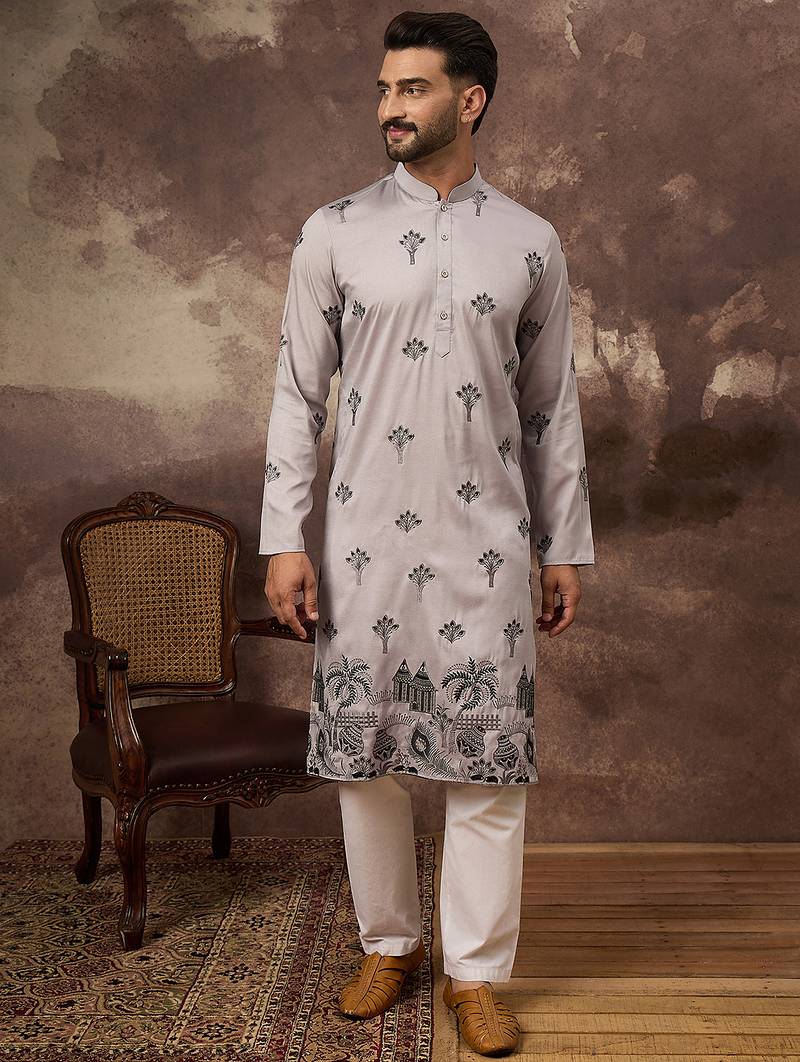 Men grey silk blend solid embroidered straight kurta