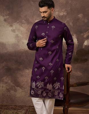 Men purple silk blend solid embroidered straight kurta 1