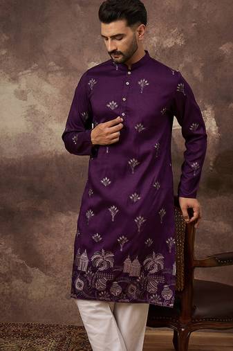 Men purple silk blend solid embroidered straight kurta