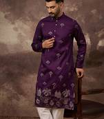 Men purple silk blend solid embroidered straight kurta