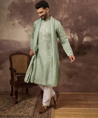 Men green silk blend embroidered straight kurta trouser with dupatta 3