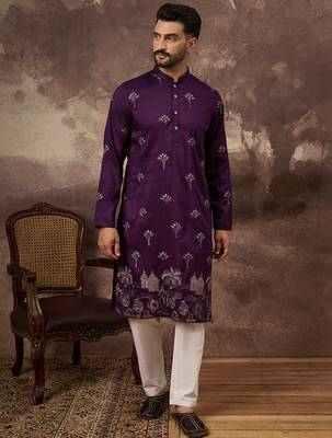 Men purple silk blend solid embroidered straight kurta 2