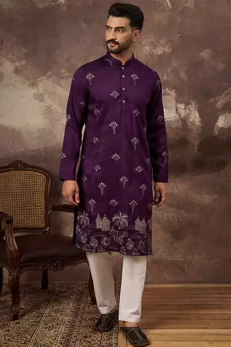 Men purple silk blend solid embroidered straight kurta