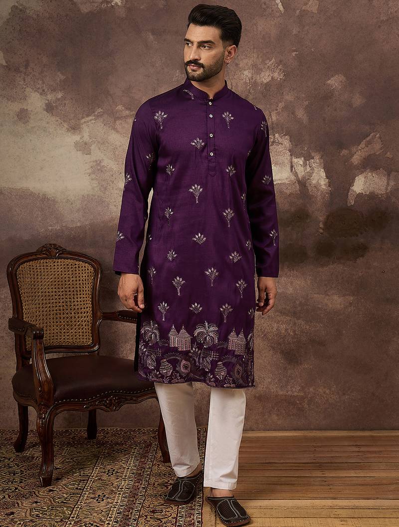 Men purple silk blend solid embroidered straight kurta