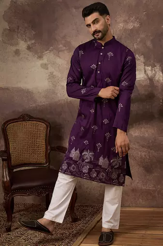 Men purple silk blend solid embroidered straight kurta