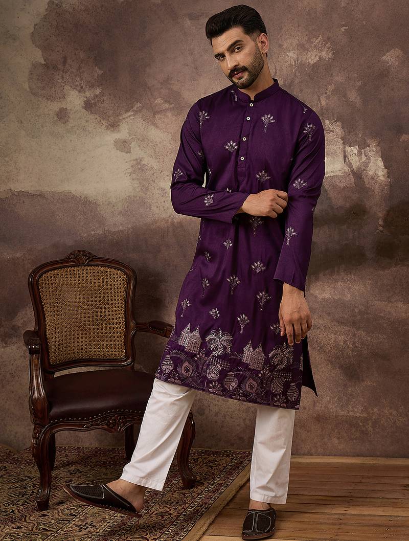 Men purple silk blend solid embroidered straight kurta
