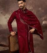 Men maroon silk blend embroidered straight kurta trouser with dupatta