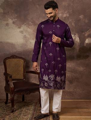 Men purple silk blend solid embroidered straight kurta 5