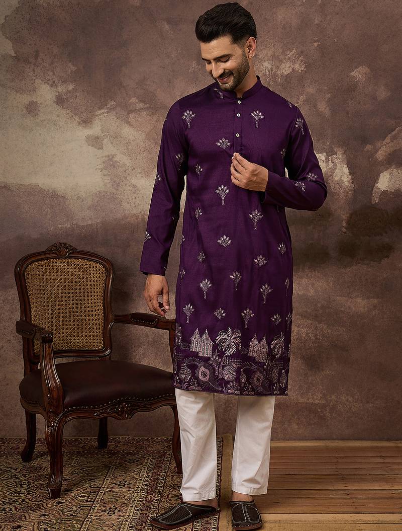 Men purple silk blend solid embroidered straight kurta