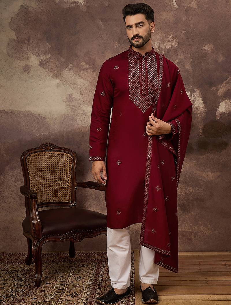 Men maroon silk blend embroidered straight kurta trouser with dupatta