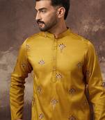 Men yellow silk blend solid embroidered straight kurta