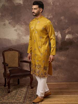 Men yellow silk blend solid embroidered straight kurta 3