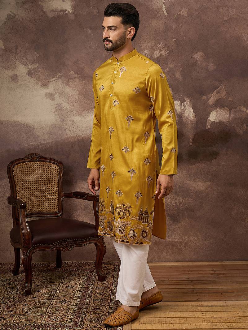 Men yellow silk blend solid embroidered straight kurta