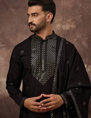 Men black silk blend embroidered straight kurta trouser with dupatta 1
