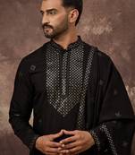 Men black silk blend embroidered straight kurta trouser with dupatta