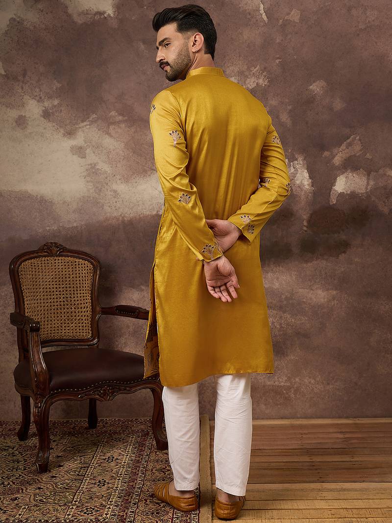 Men yellow silk blend solid embroidered straight kurta