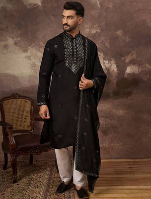 Men black silk blend embroidered straight kurta trouser with dupatta 2