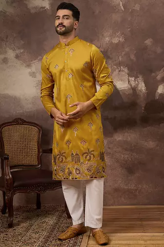 Men yellow silk blend solid embroidered straight kurta