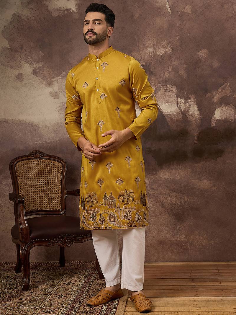 Men yellow silk blend solid embroidered straight kurta