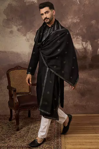 Men black silk blend embroidered straight kurta trouser with dupatta