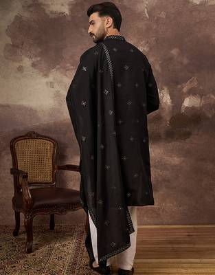 Men black silk blend embroidered straight kurta trouser with dupatta 4